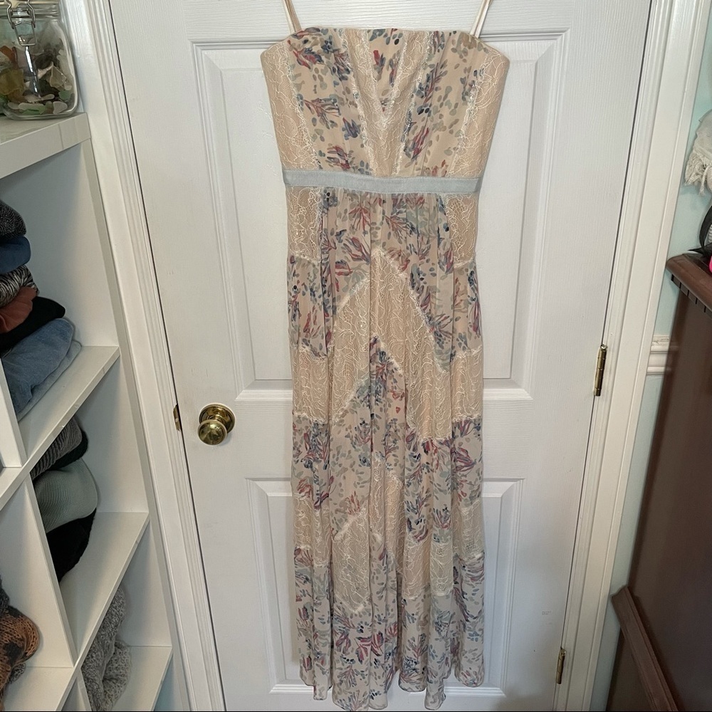 Bcbg MaxAzria Cream Lace & Floral Long Strapless Maxi Dress Gown 0